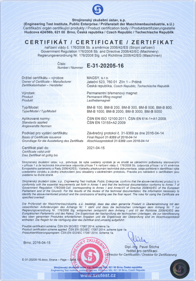 Certificato del Laboratorio di prove e certificazioni di Brno